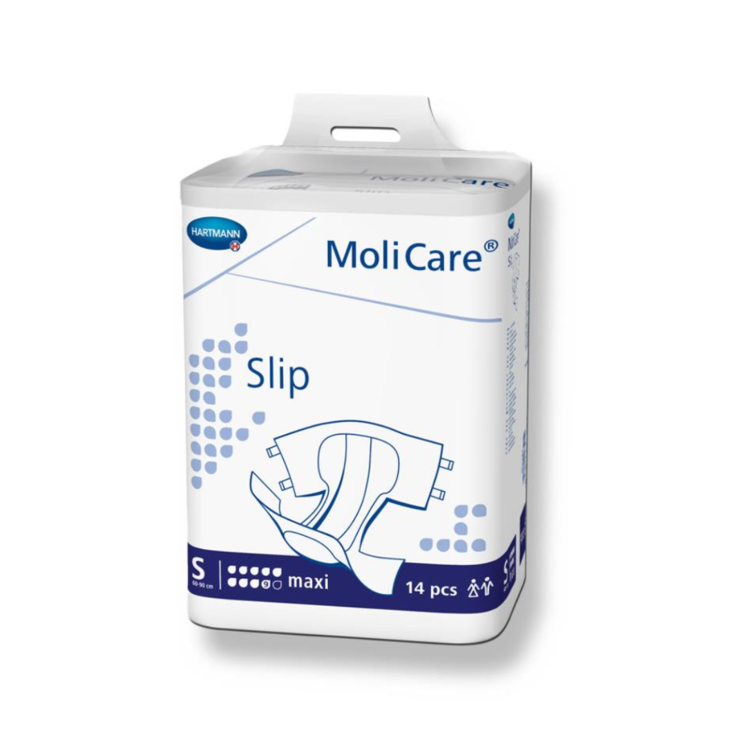 The MoliCare Unisex Slip Maxi Briefs for adults are highly absorbent with leak guards. The small-size package, shown in the image, includes 14 pieces. Its white with blue accents and displays a product design diagram.